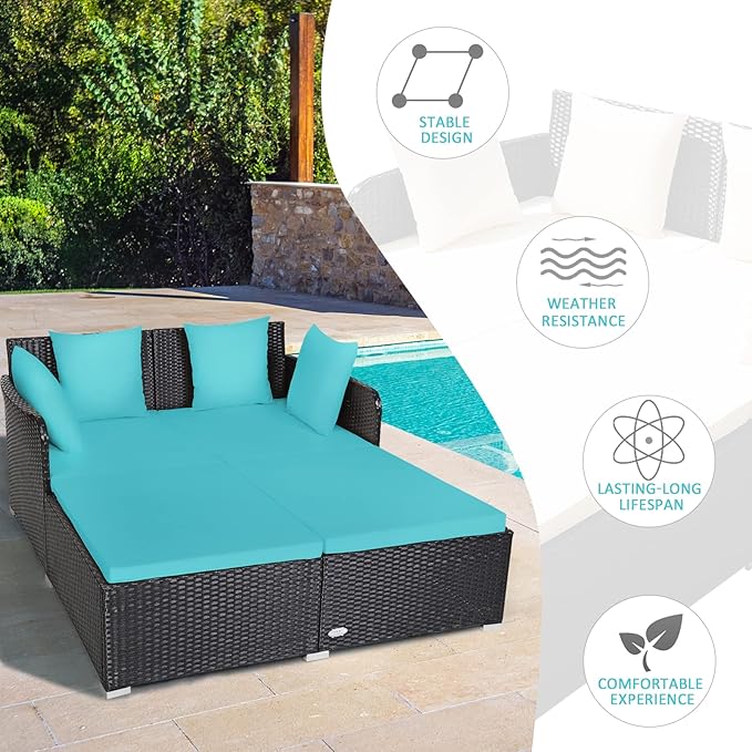 COSTWAY Outdoor Patio Rattan Daybed, Sponge Cushioned Loveseat Sofa with 4 Pi...