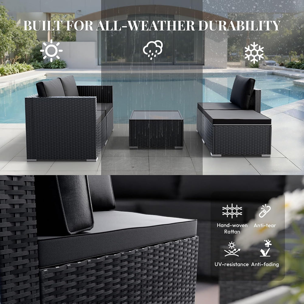 WWR Patio Furniture Set 5 Piece - Wide Armrests - All-Weather Wicker Rattan O...