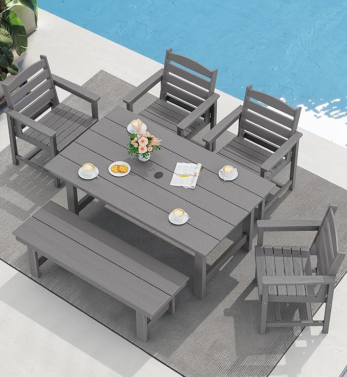 SERWALL Patio Dining Table and Bench Set for 6, Gray