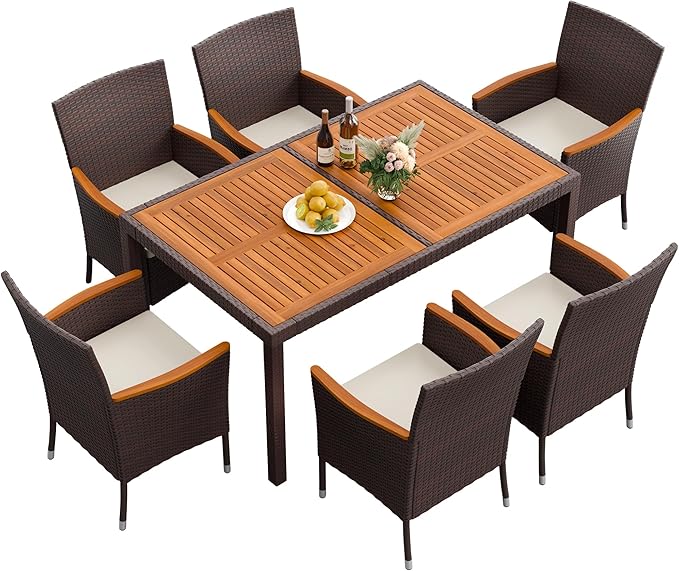 Flamaker 7 Piece Patio Dining Set Outdoor Acacia Wood Table and Chairs with S...