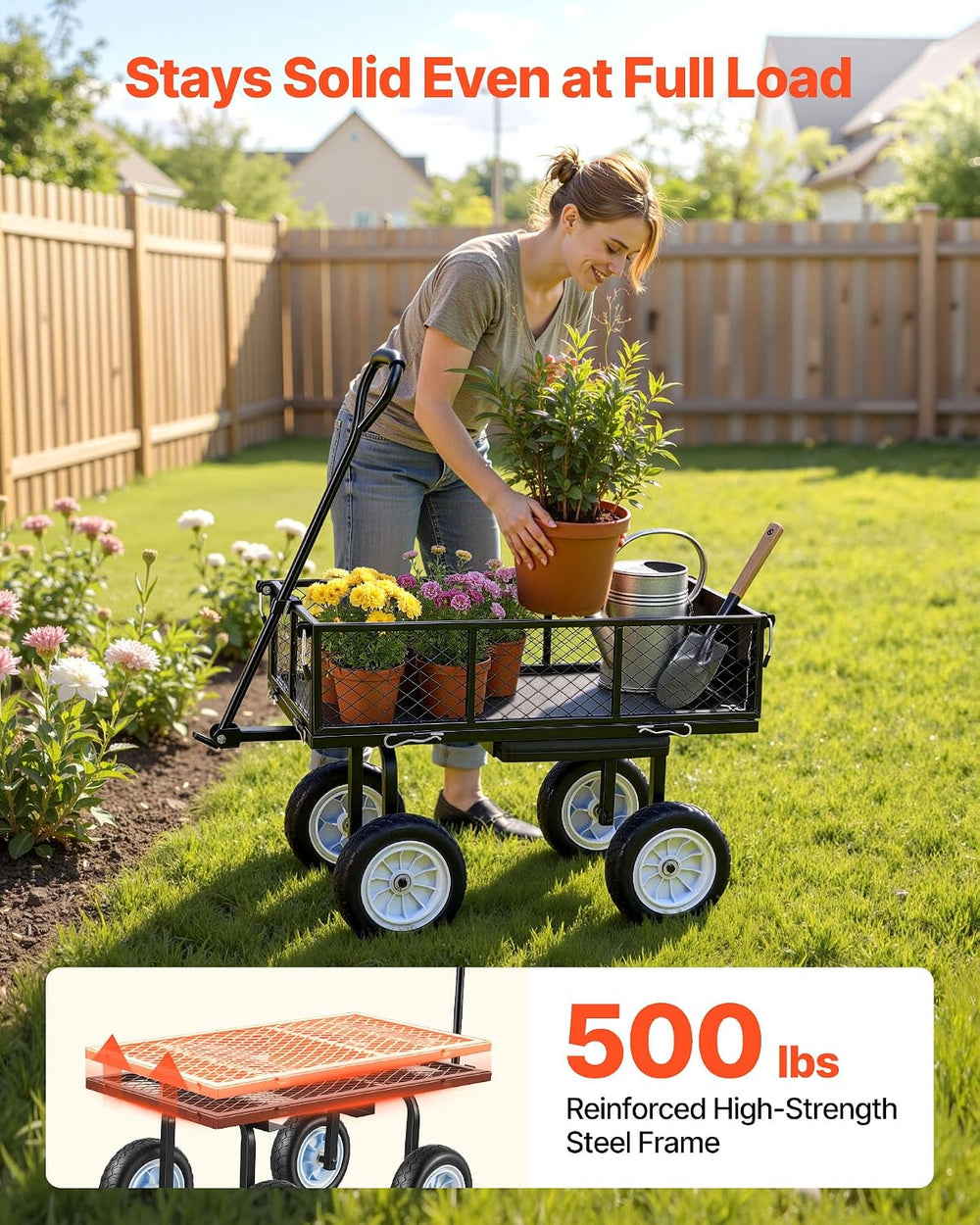 VEVOR 500 LBS Steel Garden Cart with Work Seat, Heavy Duty Garden Wagon Cart ...