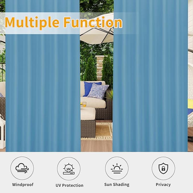 Easy-Going Outdoor Patio Curtains Detachable Tab Top Windproof Weatherproof C...