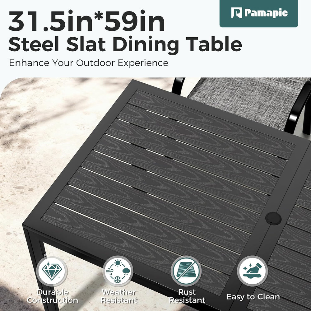 Pamapic Outdoor Dining Sets for 6, Rectangular Steel Slat Table with 6 Textil...