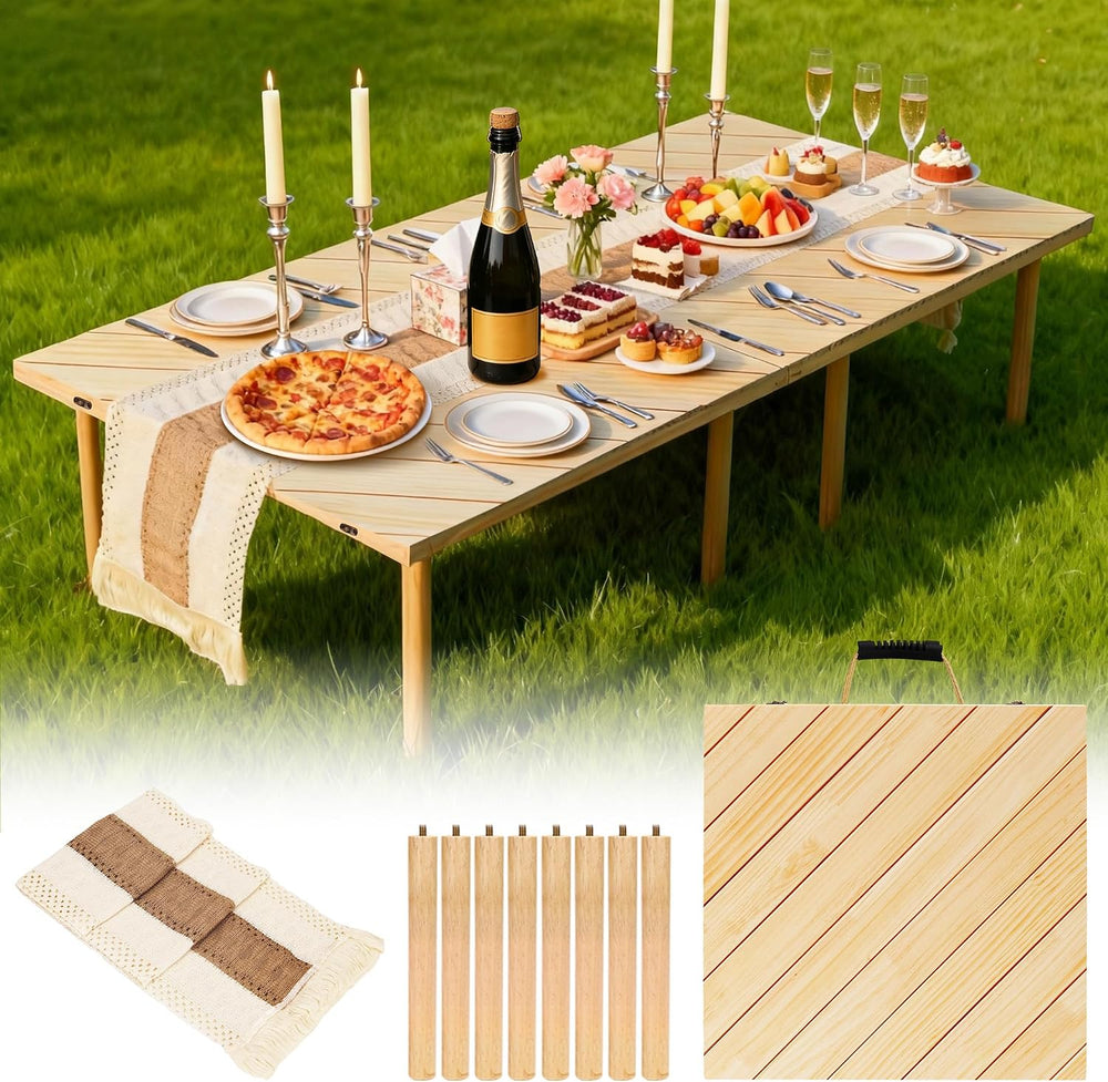 Folding Picnic Table with Boho Table Runner 60" x 30" Wooden Low Ta...