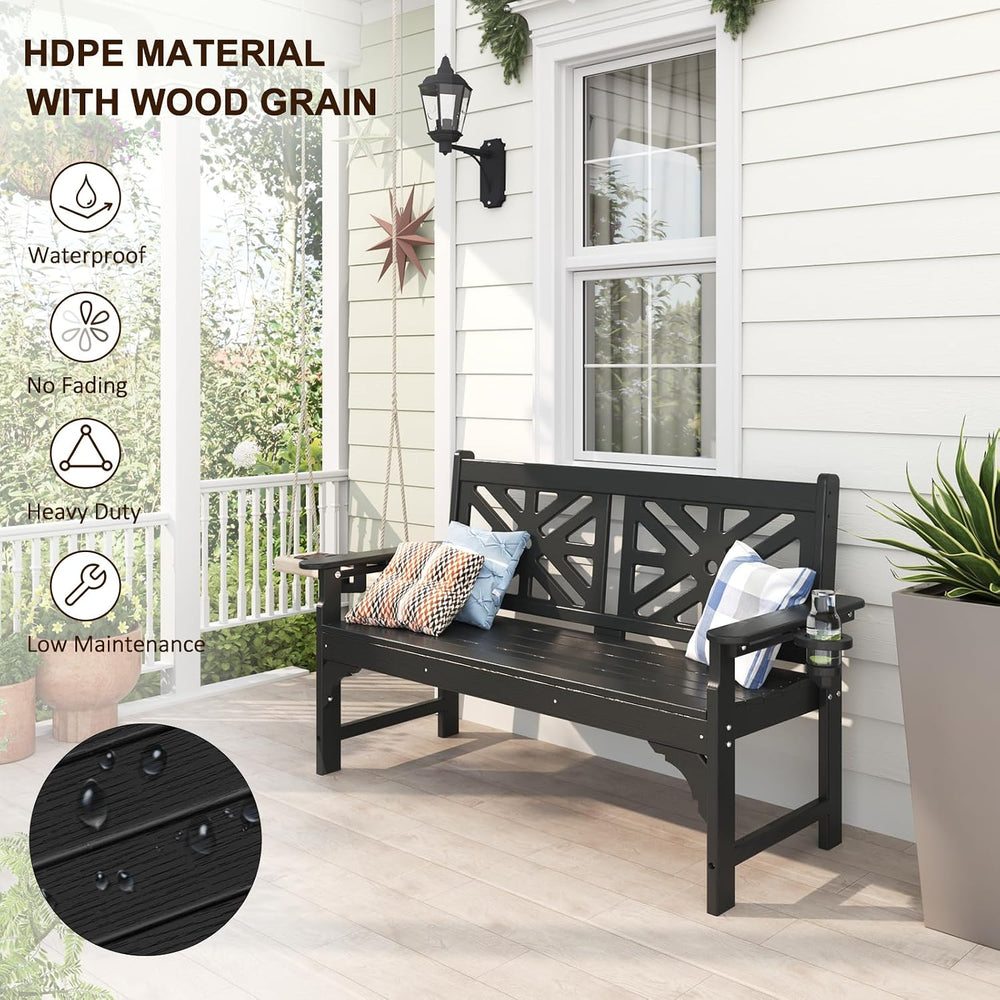 nalone Outdoor Bench with Cup Holders, HDPE Porch Bench Fade Proof (Black)