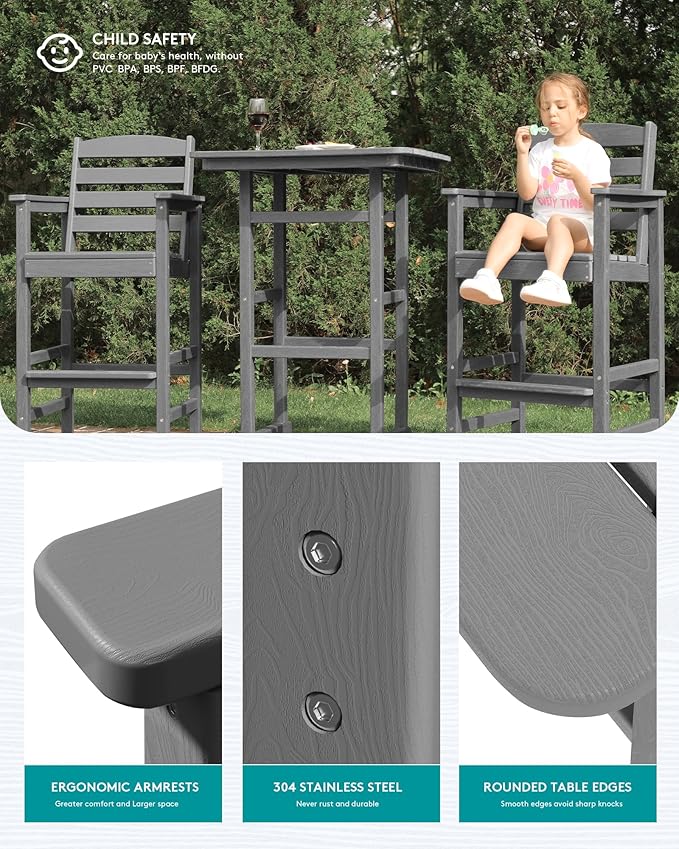 SERWALL Balcony Adirondack Chairs and Table 3 Pieces Set, Adirondack Bar Heig...