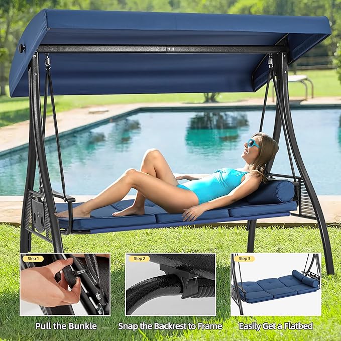 HOMREST 3 Seat Outdoor Porch Swing with 1.5" Deepened Cup Holder, Adjust...