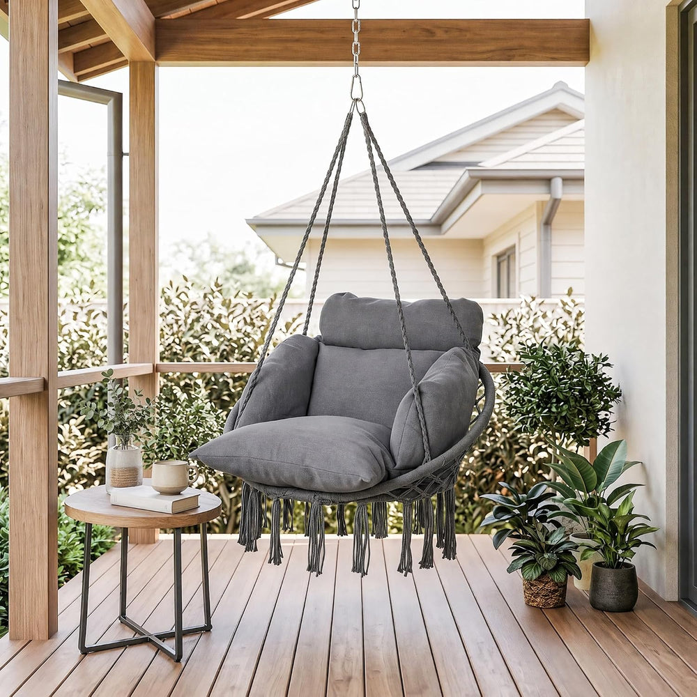 Outsunny Hammock Swing Chair w/Large Cushion Cotton Rope Chain Dark Gray