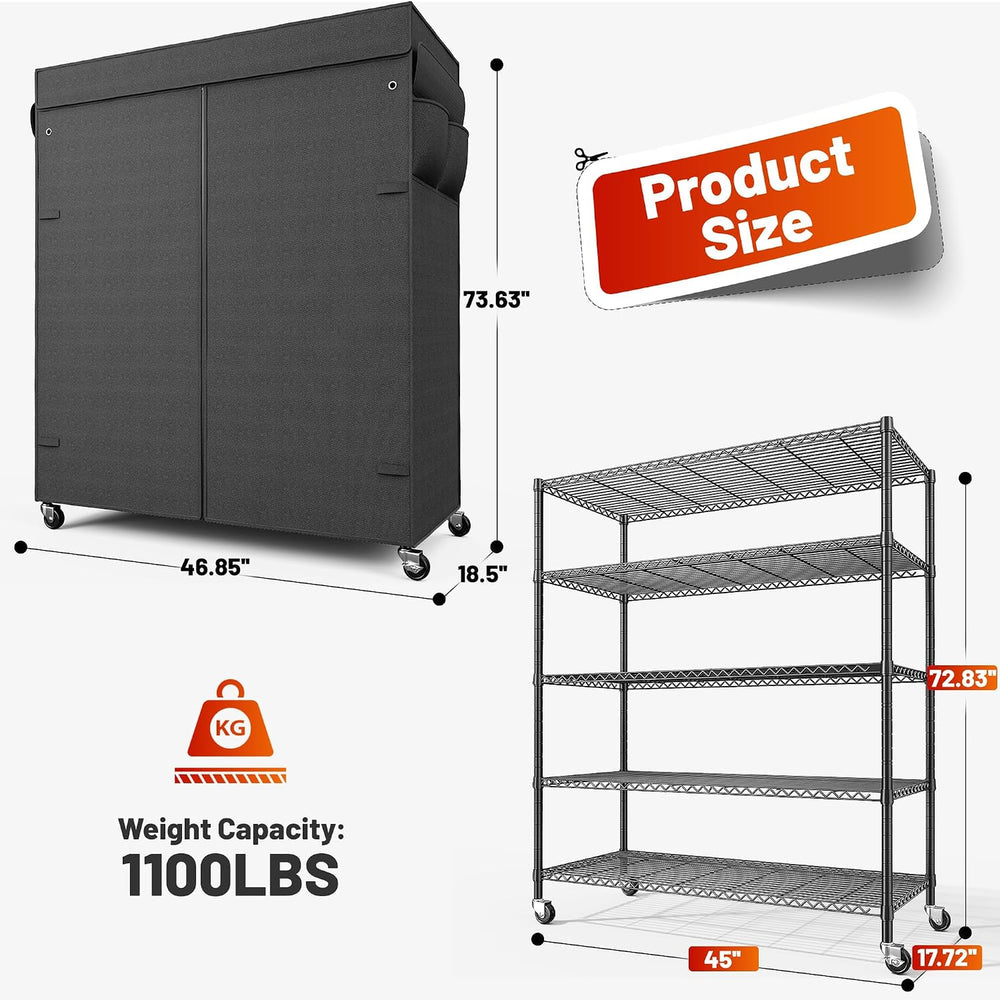 REIBII 45"W 5-Tier Storage Shelves with Cover & Wheels, 1100 lbs for...