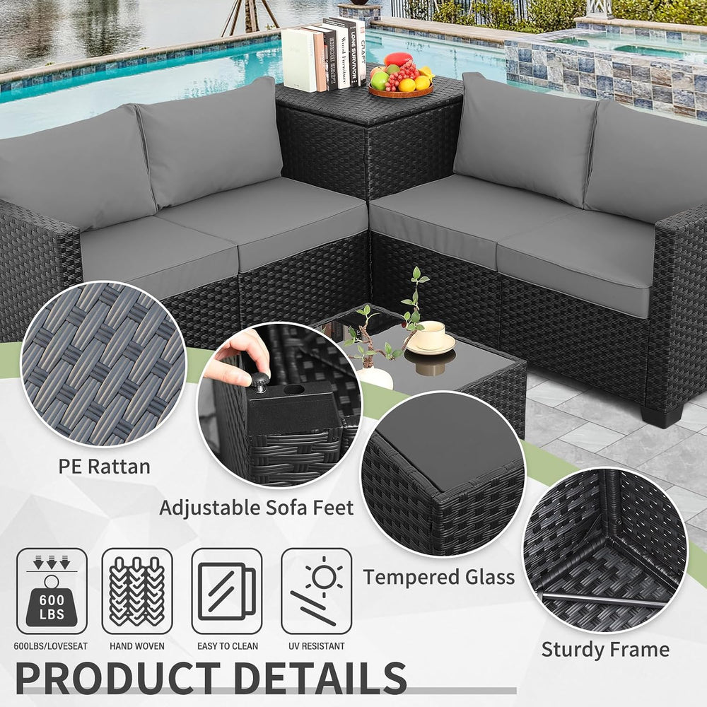 WAROOM Patio Furniture Set 4 Piece Conversation Sets Black Rattan Outdoor Cou...