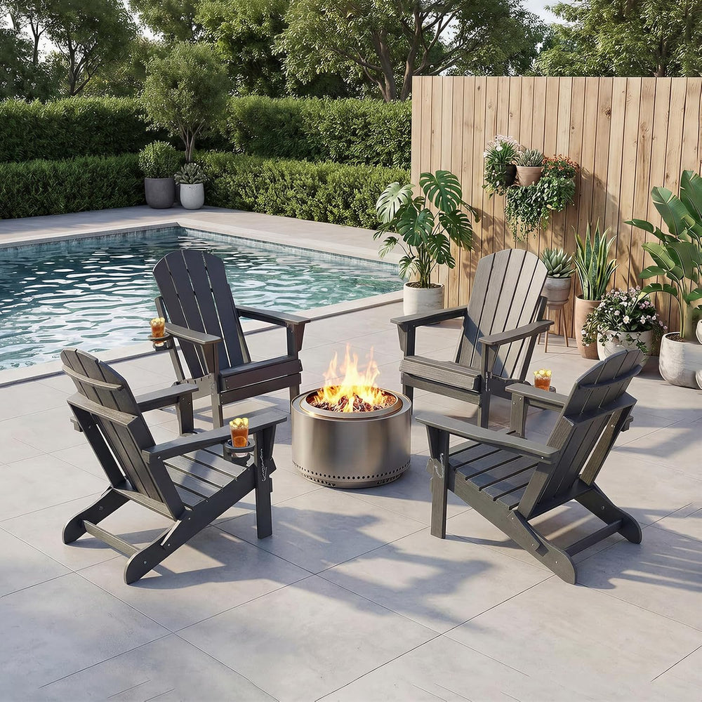 HDPE Adirondack Chair, Folding Outdoor Patio Chair with Cup Holder, Weather R...