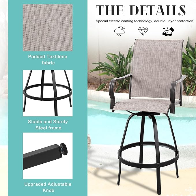 Vongrasig 3 Piece Patio Swivel Bar Set, All Weather Mental Textilene High Swi...
