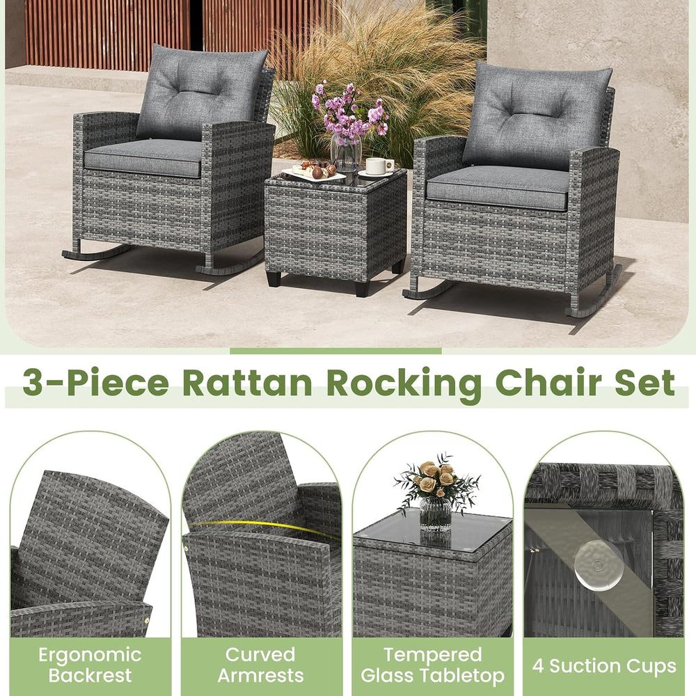 Tangkula 3 Piece Wicker Outdoor Rocking Chairs Set (Grey)