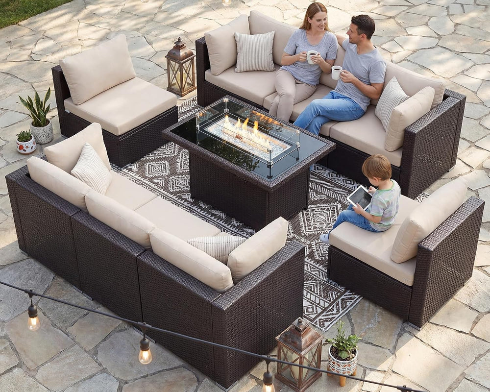 BULEXYARD 9 Piece Outdoor Patio Set with Fire Pit, Brown & Beige