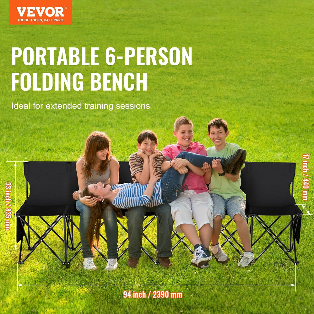 VEVOR Portable Folding Bench 6 Seats Sideline Camping with Backrest Black