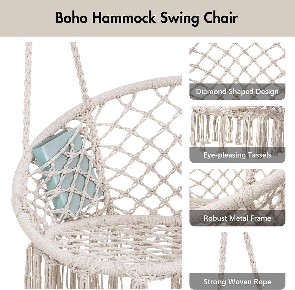 ANOW Patio Macrame Hammock Chair with Stand and Seat Cushion, Natural