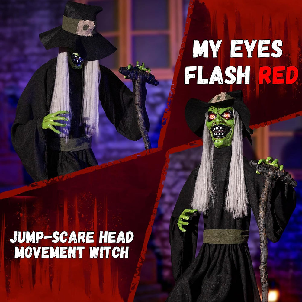 Halloween Animatronic Jump-Scare Witch Decoration, Sound Activated, Red Eyes,...