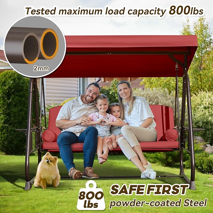 3 in 1 Outdoor Porch Swing with Adjustable Canopy, 3 Seat Outdoor Swing for A...