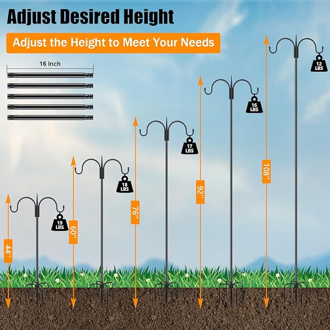 FEED GARDEN Adjustable Double Shepherds Hook for Outdoor with 5 Prong Base 10...
