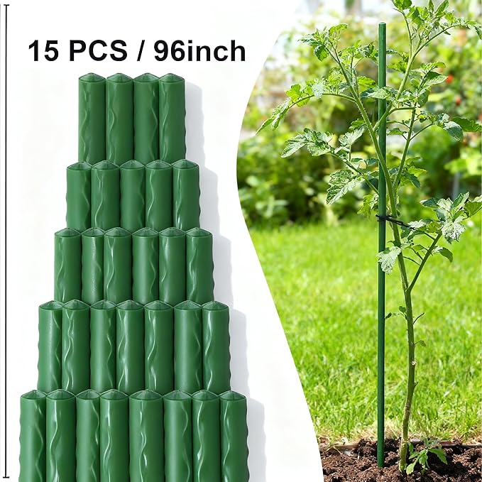 Xiny Tool Garden Stakes, 15 Pack 8 FT Steel Plant Garden Tomato Stakes with P...