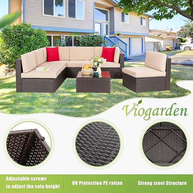 Vongrasig 7 Pieces Patio Furniture Sets, Outdoor Patio Conversation Set PE Ra...