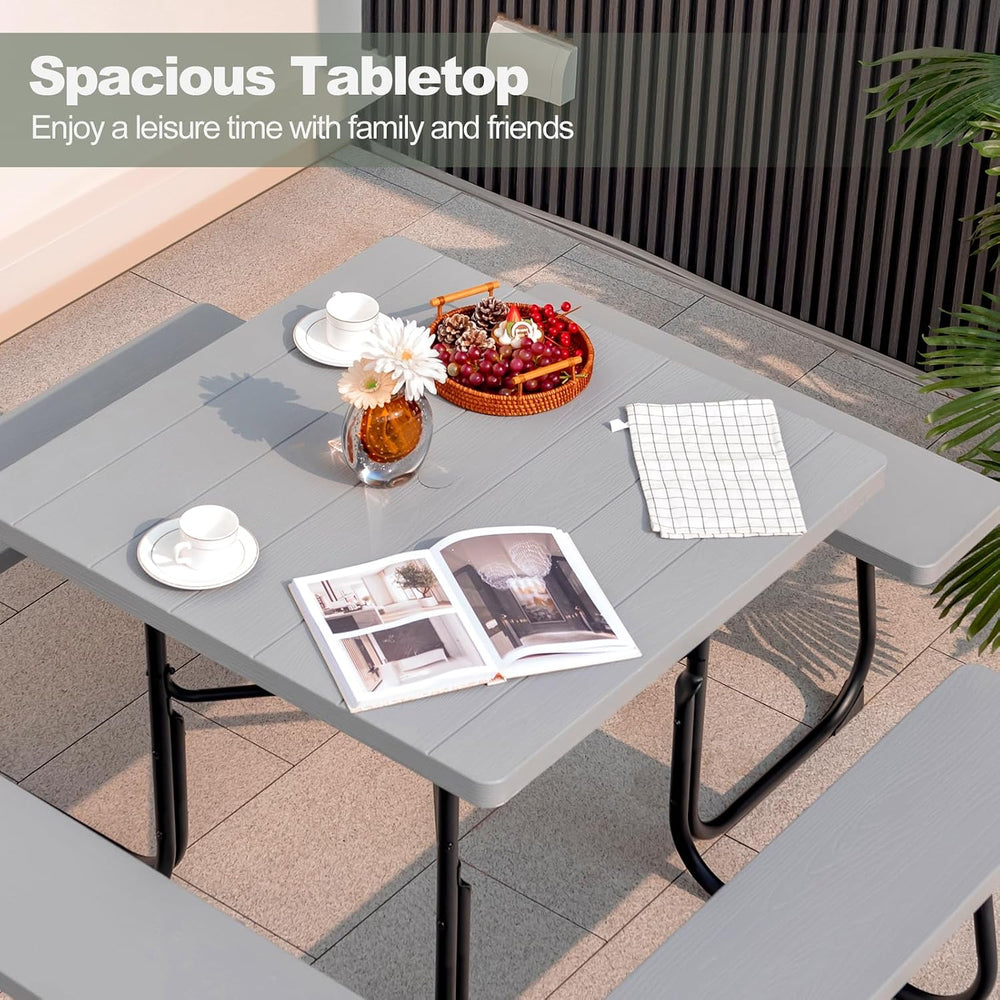 Tangkula 8 Person Square Picnic Table with 4 Built-in Benches, Grey