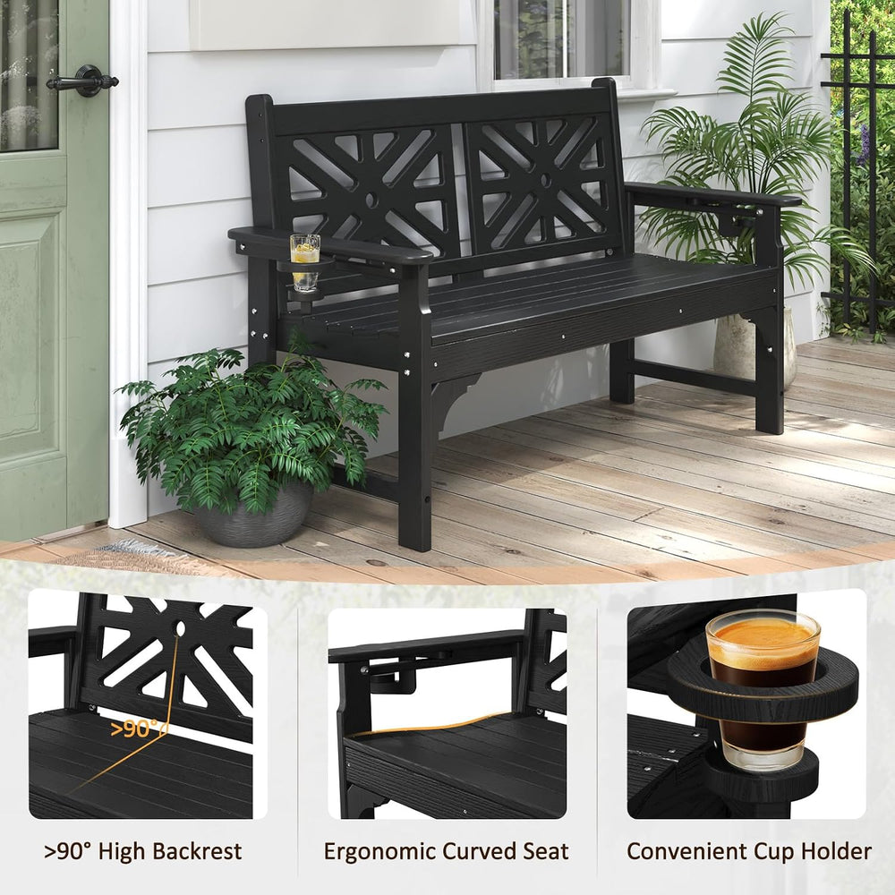 nalone Outdoor Bench with Cup Holders, HDPE Porch Bench Fade Proof (Black)