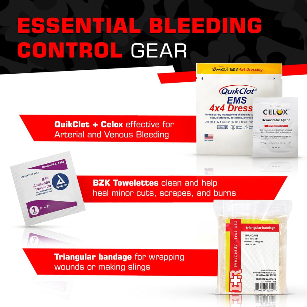 Bleeding Control Zip Pack with QuikClot, Celox, Gauze Pads, Triangular Bandag...