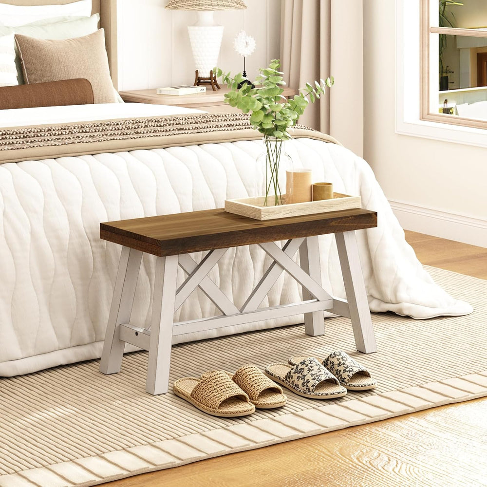 Wnutrees 30" Farmhouse Solid Wood Bench, Rustic Entryway Bench, White