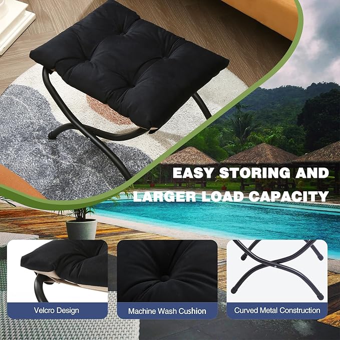 15" Foldable Foot Stool Ottoman with Metal Frame - Washable Black Uphols...