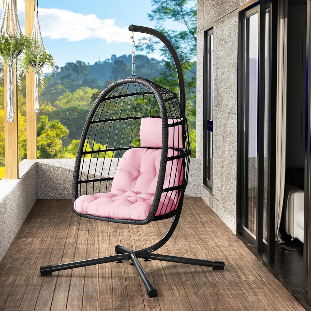 Hanging Egg Chair with Stand, Patio Rattan Wicker Swing Chair, Oversized Hamm...