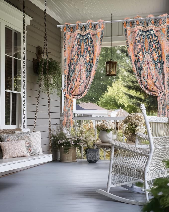 Rustic Boho Outdoor Curtains for Patio Waterproof, Grommet Privacy Curtain Dr...