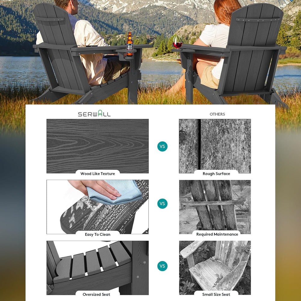 SERWALL Outdoor Adirondack Chairs with 2 Cup Holders,Foldable,Gray