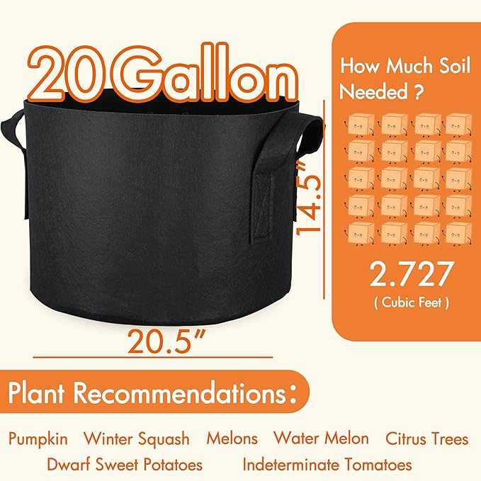 Gardzen 10-Pack 20 Gallon Grow Bags, Aeration Fabric Pots with Handles