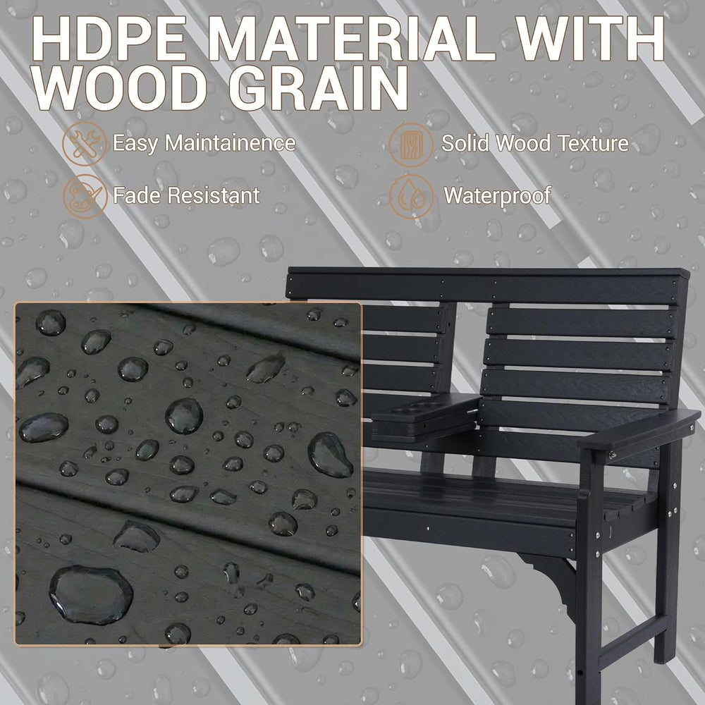 Outdoor Bench with Cup Holders, HDPE 2-Person Weatherproof Patio Benches, Fad...