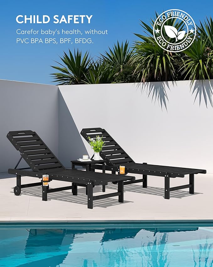 SERWALL Outdoor Chaise Lounge Set of 6, HDPE Pool Lounge Chair with 5-Positio...