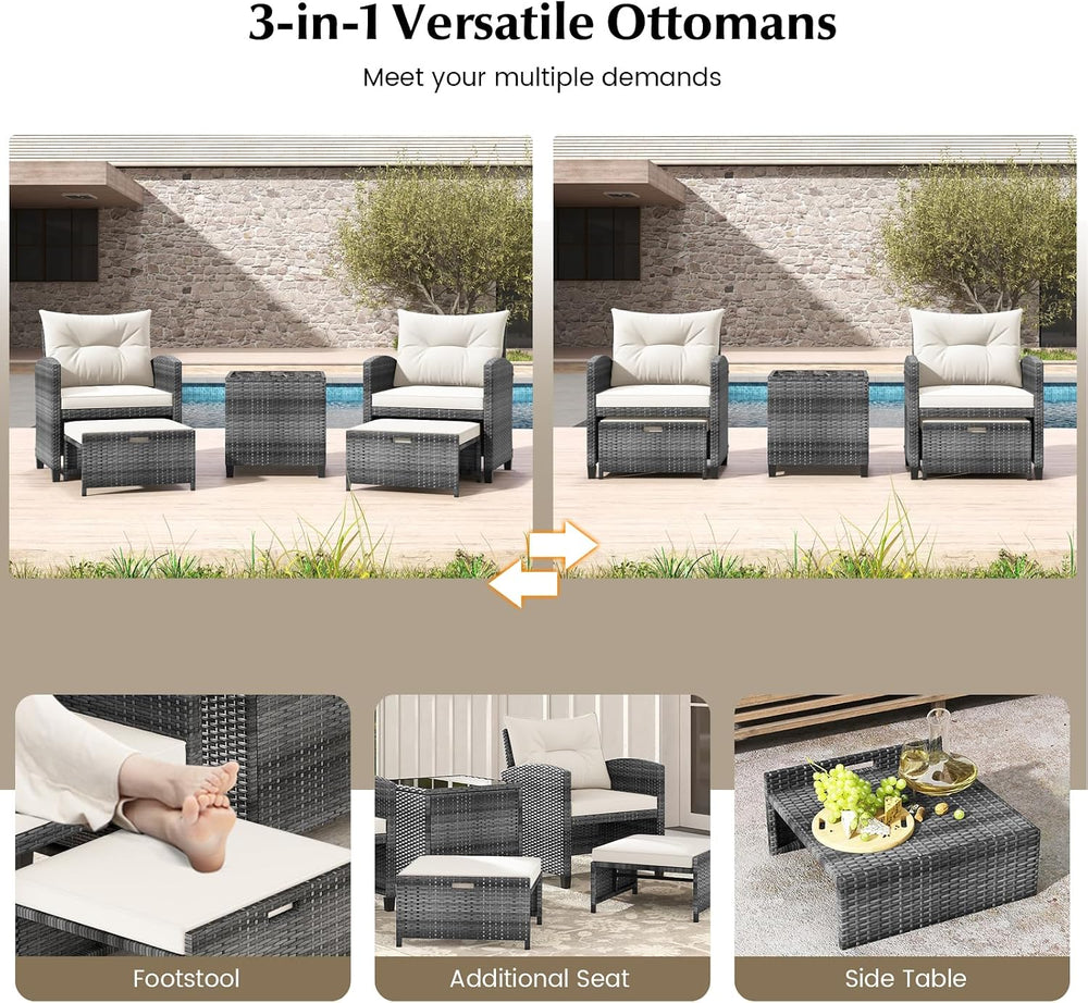 KOTEK 5 Pieces Patio Furniture Set with Ottomans, Wicker Patio Conversation S...