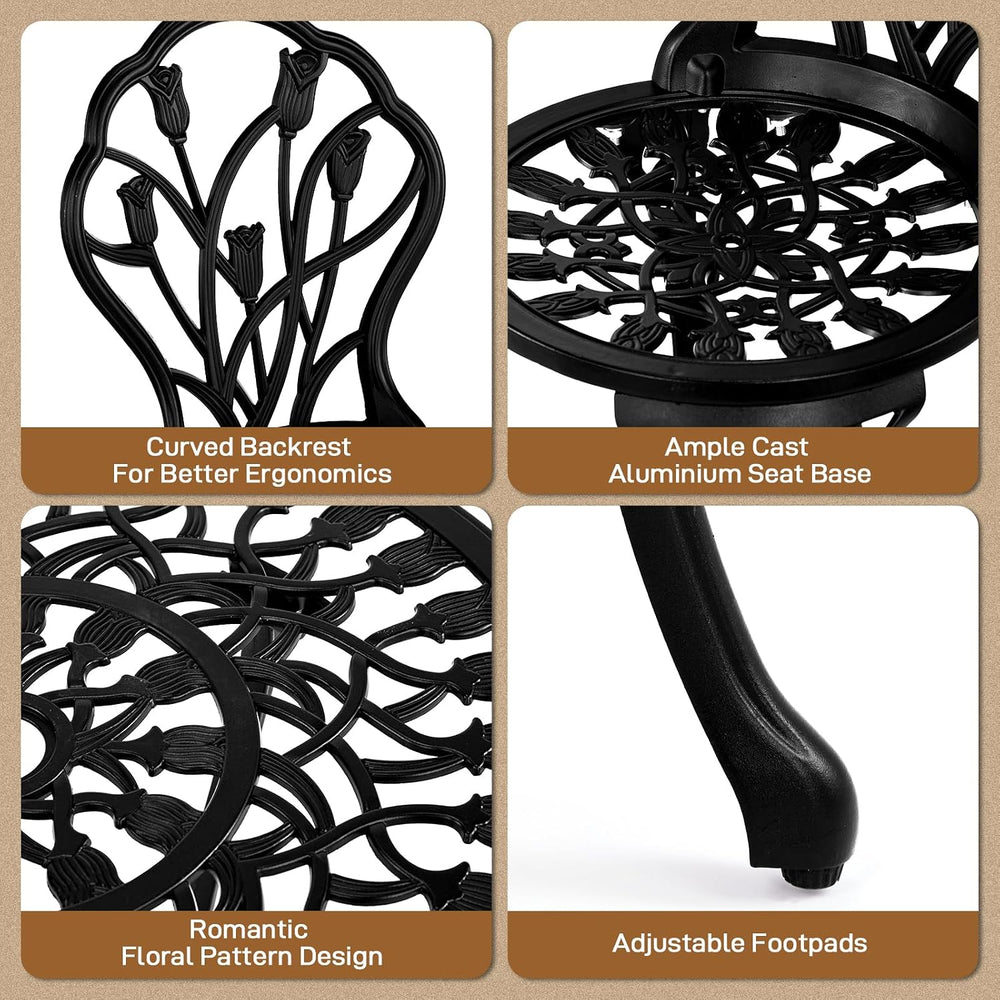 Outvita 3 Piece Cast Aluminum Bistro Set, Tulip Pattern Black