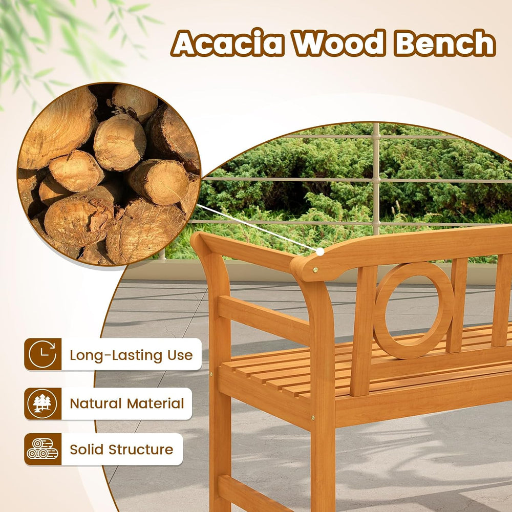 Tangkula Acacia Wood Outdoor Bench, 2-Person Garden Bench, Circle Backrest
