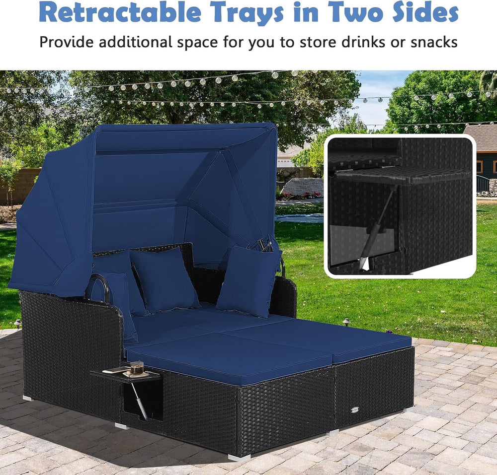 Tangkula Patio Rattan Daybed with Retractable Canopy, Outdoor Wicker Sunbed L...