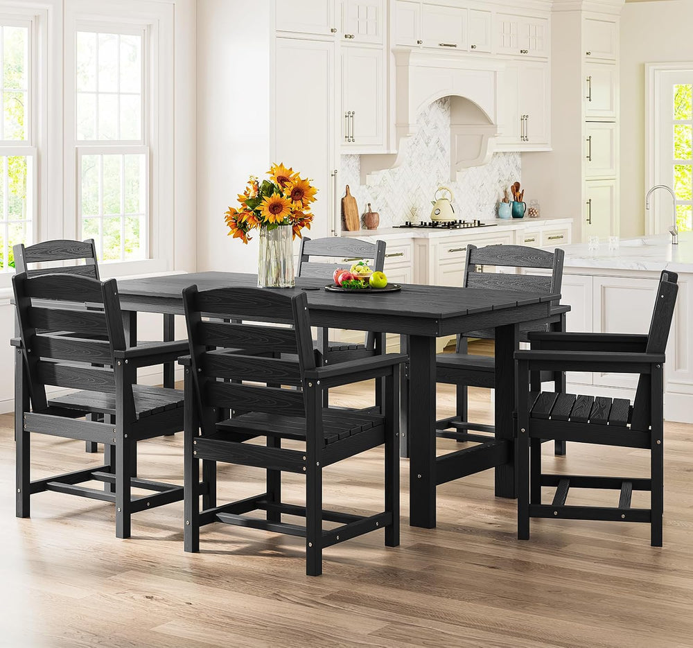 SERWALL 7 Pcs Outdoor Dining Set, 67" HDPE Dining Set for 6, Black