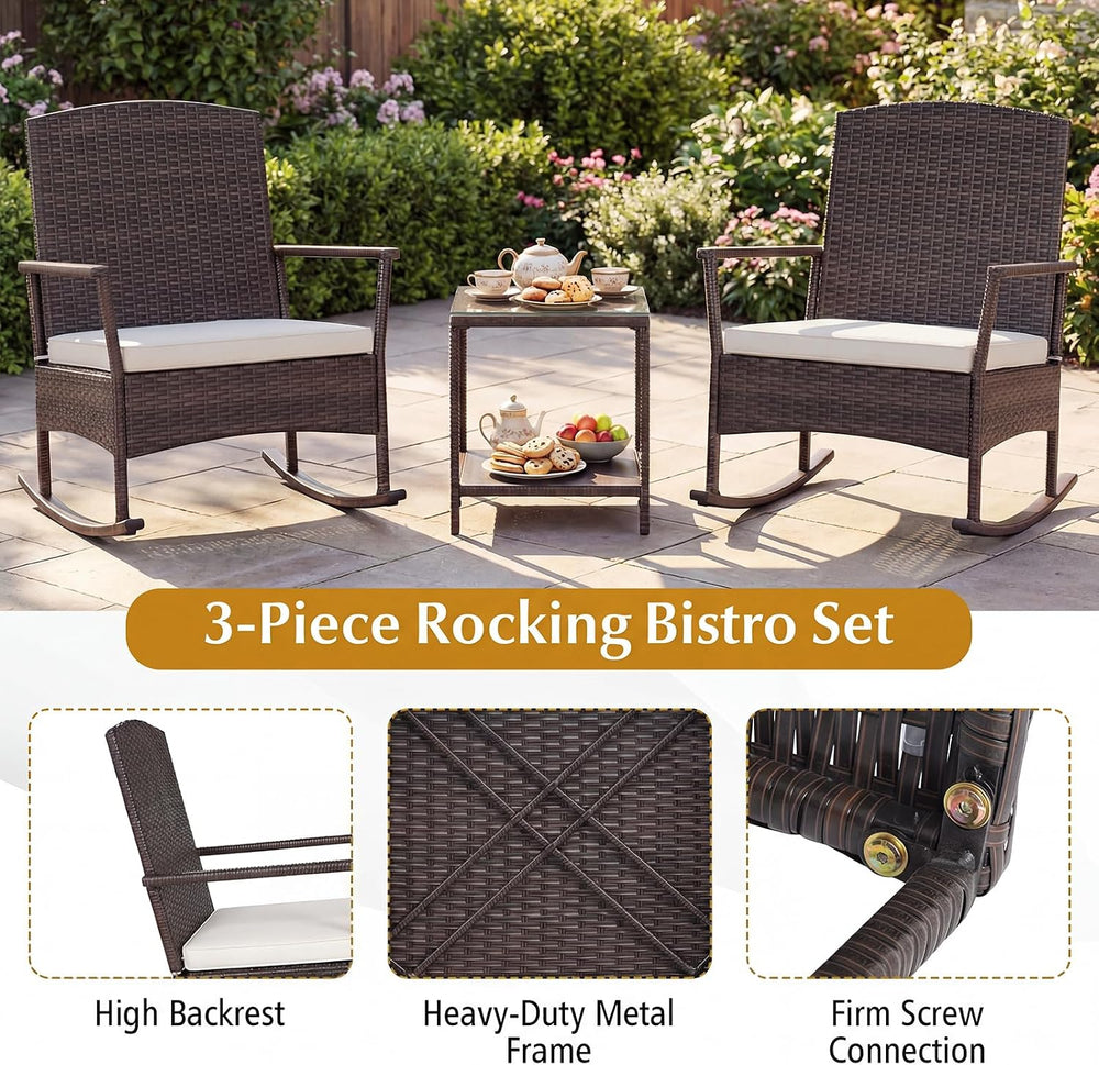 Tangkula 3 Pieces Rocking Wicker Bistro Set, Outdoor Front Porch Rocker Chair...