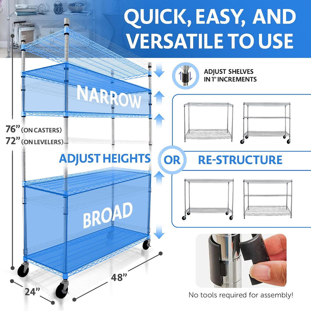 4000 LBS Heavy Duty Wire Rack, 48 x 24 x 76, 5-Tier NSF Commercial Rolling Ra...