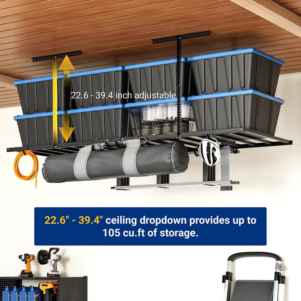 FLEXIMOUNTS 4x8 Overhead Garage Storage Rack with 6 Hooks, 2 Pack, Black