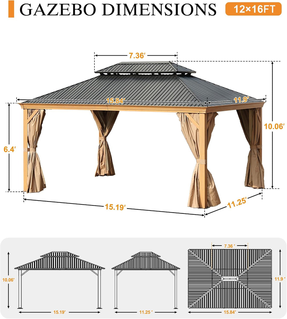 BPS 12' X 16' Hardtop Gazebo Outdoor Aluminum Wooden Grain Coated