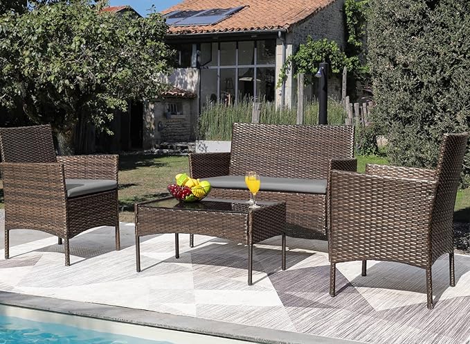 Greesum Patio Furniture 4 Pieces Conversation Sets Outdoor Wicker Rattan Chai...