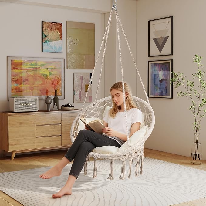 Macrame Hammock Hanging Swinging Chair with Medium Cushion, Perfect for Bedro...