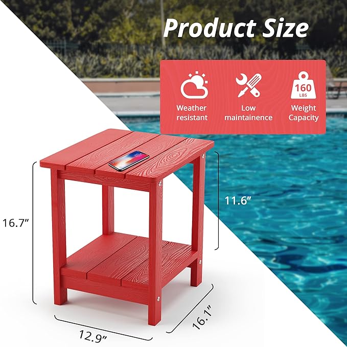 LUE BONA Adirondack Outdoor Side Table, 2-Tier Bright Red HDPS Patio End Tabl...