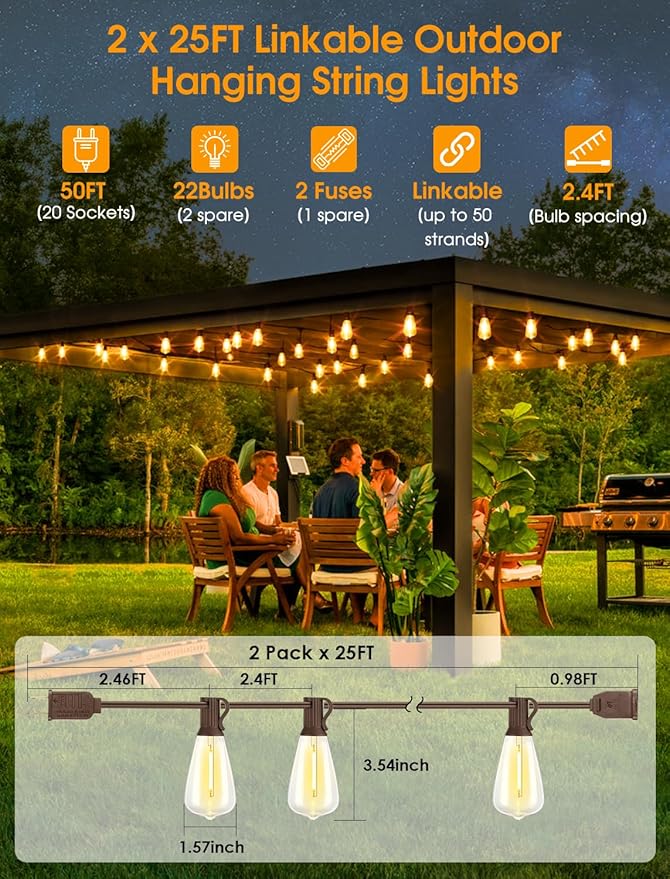 50FT(2x25FT) Outdoor String Lights, Patio Lights with 20+2 LED Dimmable Water...