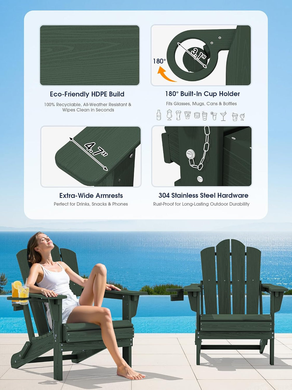 Adjustable Adirondack Chairs Set of 4, Folding Outdoor Chair, Green